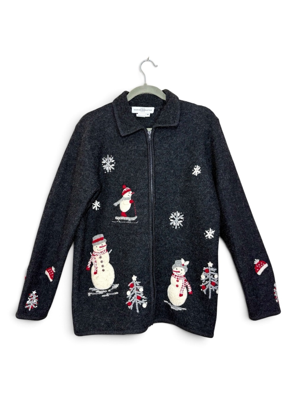 Marisa Christina Charcoal Gray Holiday Snowman Embroidered Zip Sweater-woman’s M